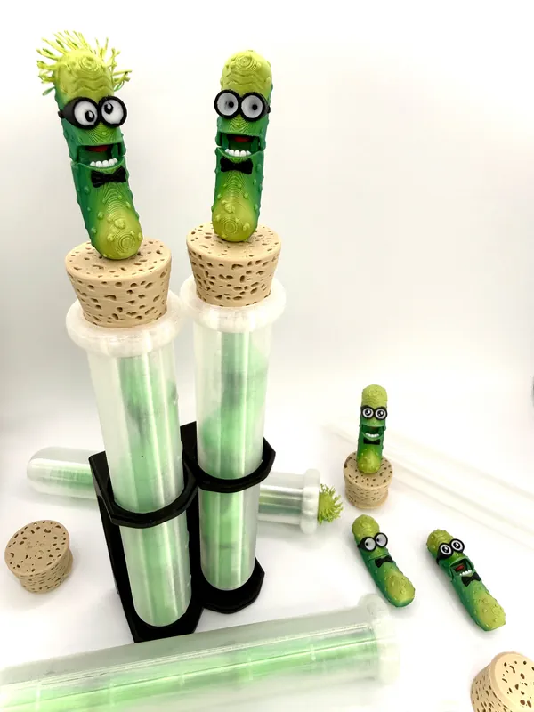 Articulated Scientist Pickle Magnets + Keychains w/ Test Tube & Expandable Holder 