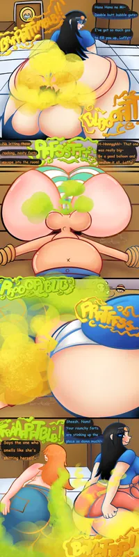 Nico Robin and Nami fart inflating Luffy (Comic)