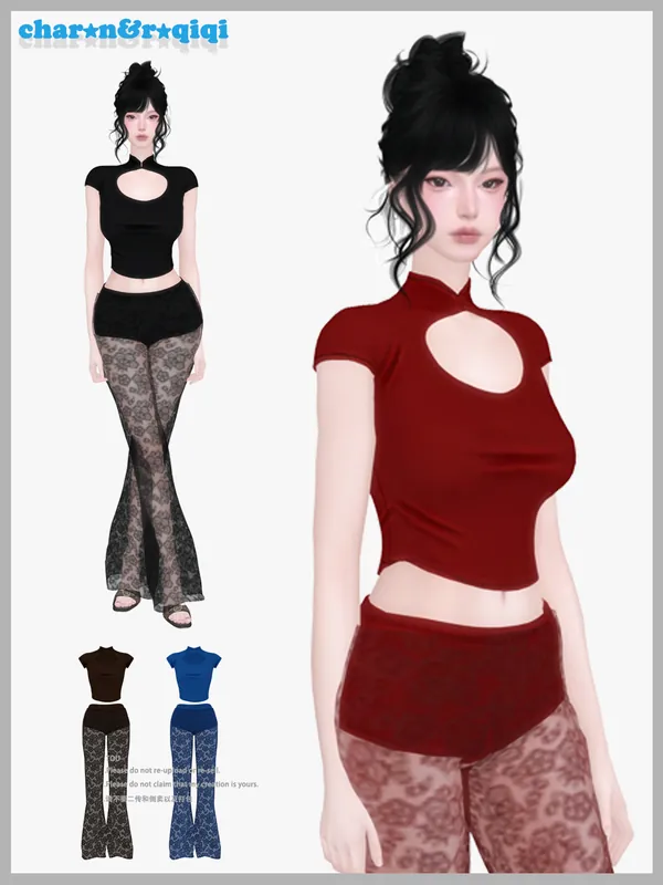 [charon&roqiqi]Openwork Short-Sleeve Top + Lace Trousers